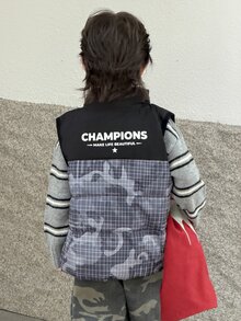 DAZY Young Boy Autumn/Winter Casual Plaid Patchwork Sleeveless Jacket - Black - View 5