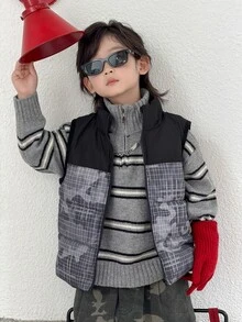 DAZY Young Boy Autumn/Winter Casual Plaid Patchwork Sleeveless Jacket - Black - View 17