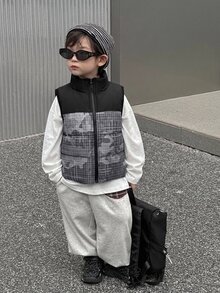 DAZY Young Boy Autumn/Winter Casual Plaid Patchwork Sleeveless Jacket - Black - View 12