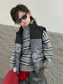 DAZY Young Boy Autumn/Winter Casual Plaid Patchwork Sleeveless Jacket - Black - View 4