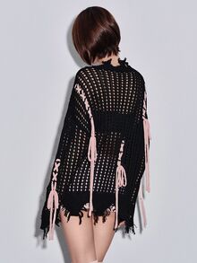 ROMWE Black Pink Y2K Hollow Out Lace-Up Loose Women's Sweater - Black - View 5