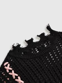 ROMWE Black Pink Y2K Hollow Out Lace-Up Loose Women's Sweater - Black - View 9