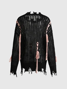 ROMWE Black Pink Y2K Hollow Out Lace-Up Loose Women's Sweater - Black - View 8