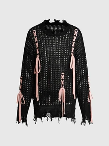 ROMWE Black Pink Y2K Hollow Out Lace-Up Loose Women's Sweater - Black - View 7