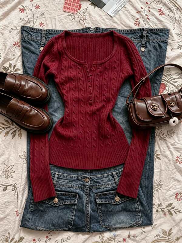 IslaSuriya Pull vintage pour femme à torsades, boutons et demi-patte, manches longues