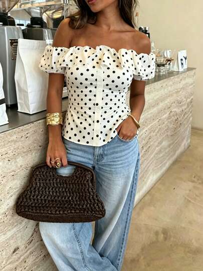 Lucivie Women's Polka Dot Color-Blocked Ruffled Open Shoulder Top Fitted Waist Faux Placket Romantic Cute Coquette French-Style White And Black Polka Dot