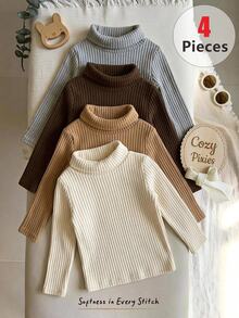 Cozy Pixies Set Baju Bayi Laki-laki dan Perempuan Warna Polos, Berbahan Fleece, Tebal, Elastis, Lembut, Rajut, Lengan Setengah Panjang, Cocok untuk Musim Dingin (4 Potong) - MultiWarna - View 1