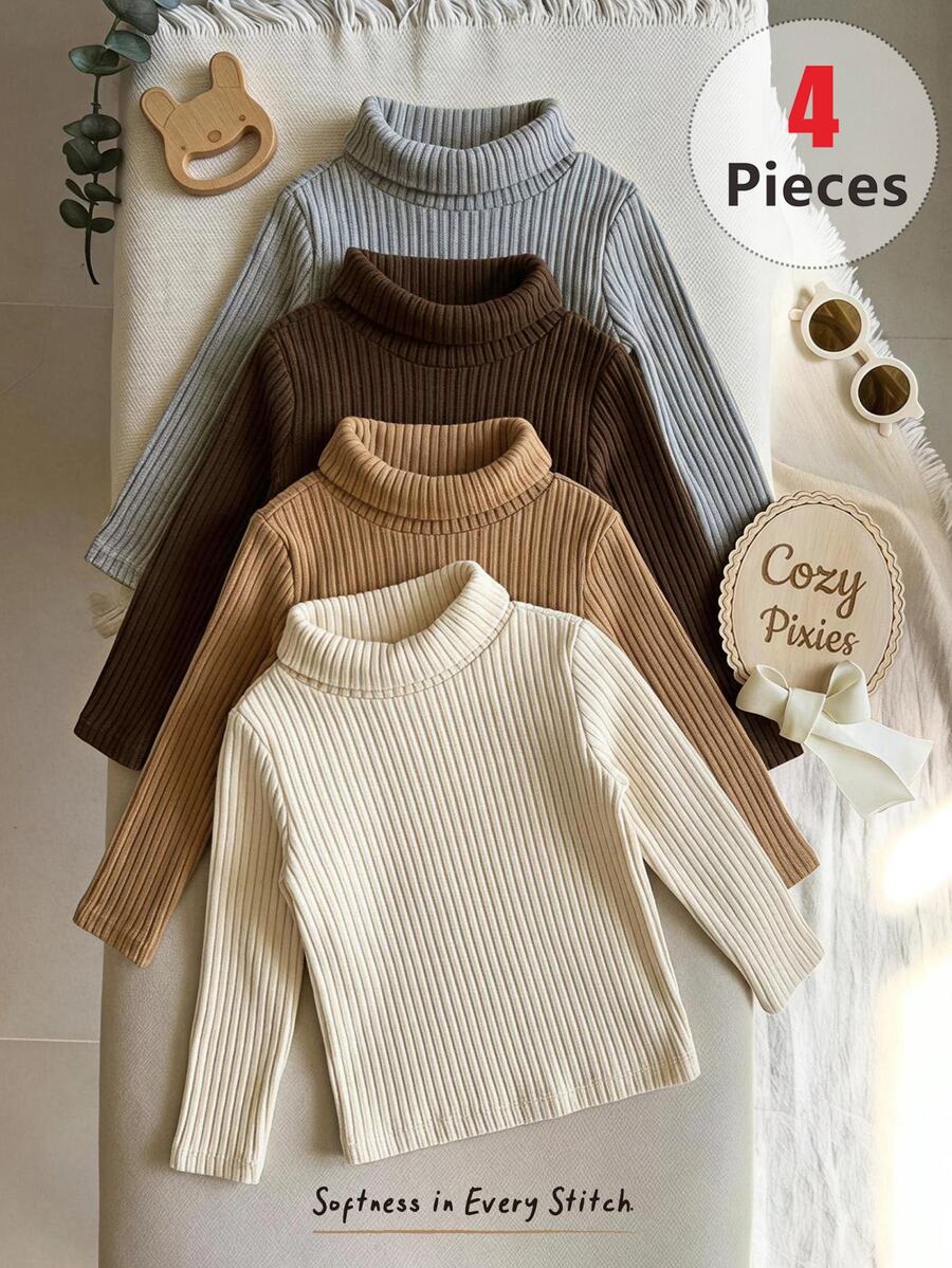 Cozy Pixies Set Baju Bayi Laki-laki dan Perempuan Warna Polos, Berbahan Fleece, Tebal, Elastis, Lembut, Rajut, Lengan Setengah Panjang, Cocok untuk Musim Dingin (4 Potong) - MultiWarna - View 1