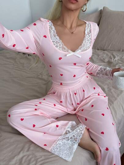 Softscene Conjunto de pijama para mujer con estampado de corazón, ropa de estar en casa de verano dulce y nueva romántica con encaje, manga larga y pantalones largos
