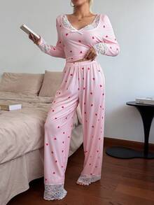 Softscene Women's Heart Print Pajama Set, Summer Sweet New Romantic Lace Long Sleeve Long Pants Loungewear - Pink - View 1