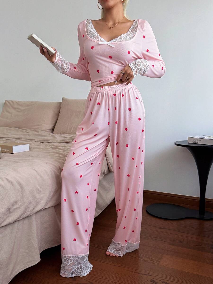 Softscene Women's Heart Print Pajama Set, Summer Sweet New Romantic Lace Long Sleeve Long Pants Loungewear - Pink - View 1