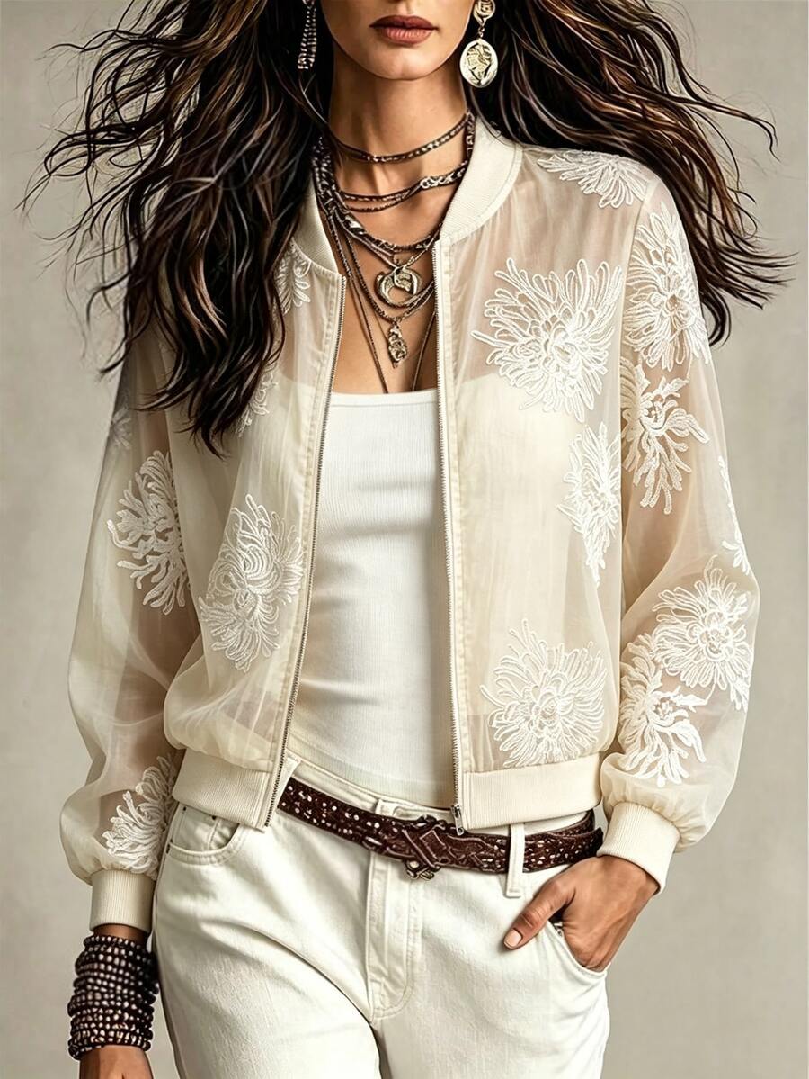 Yalmera Women's Woven And Embroidered Spring And Autumn Vacation Casual Jacket - Apricot - View 1