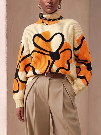 Zivah Autumn/Winter Casual Floral Print Turtleneck Sweater