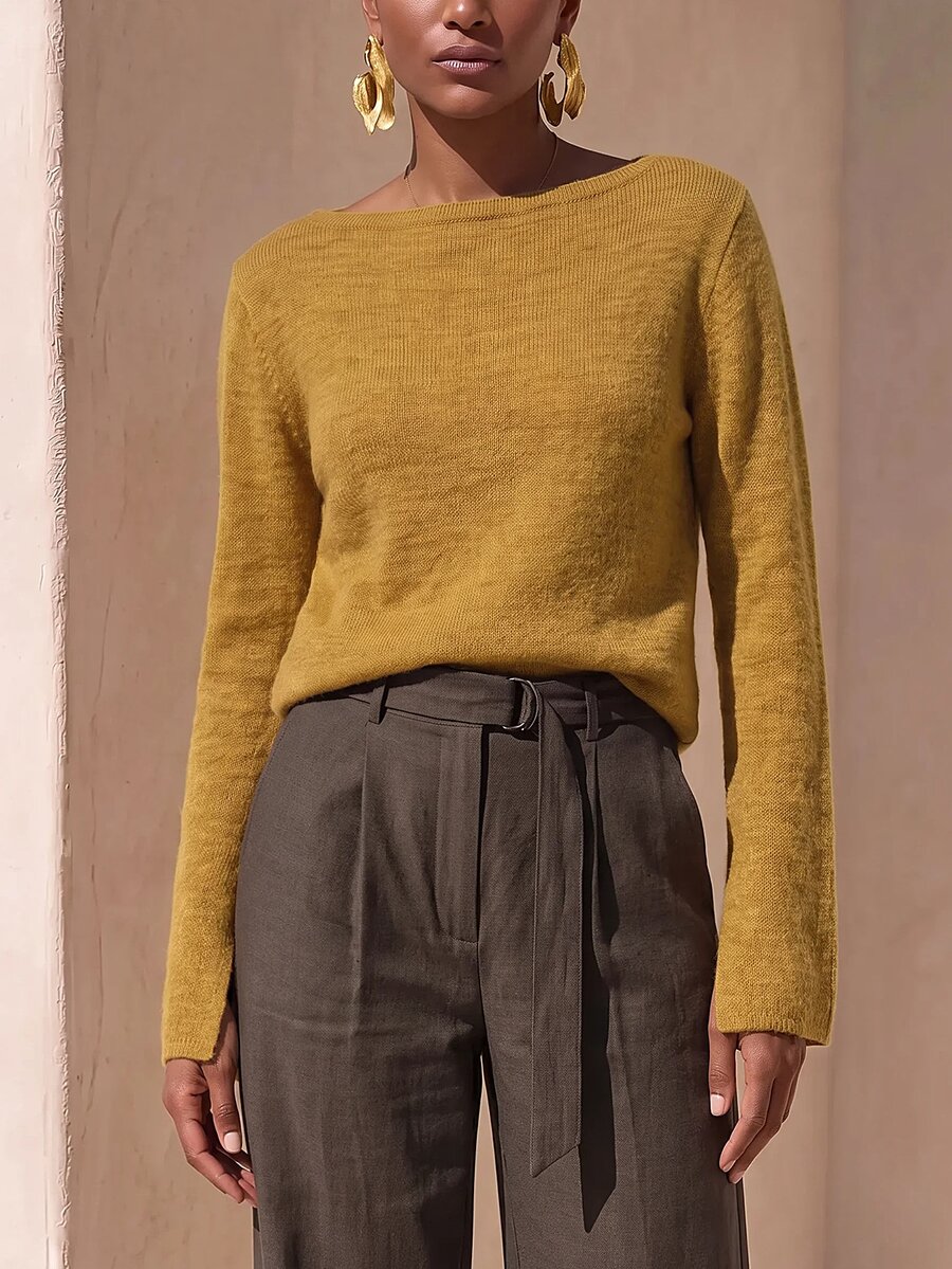 Zivah Sweater Wanita Warna Polos Serbaguna Minimalis Elegan untuk Pemakaian Sehari-hari ke Kantor Warna Kuning Mustard Musim Gugur