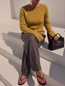 Zivah Sweater Wanita Warna Polos Serbaguna Minimalis Elegan untuk Pemakaian Sehari-hari ke Kantor Warna Kuning Mustard Musim Gugur - Kuning - View 9