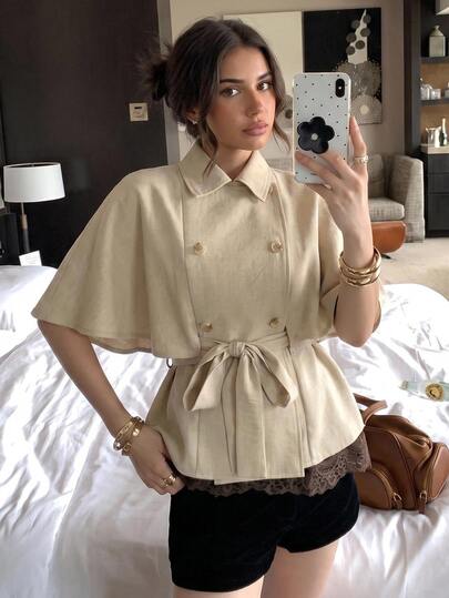 Siren Gaze Women's Vintage Elegant Beige Loose Double-Breasted Cape Shirt With Tie Waist, Batwing Sleeve Ponchos Shirt, Fall Outfit For Women
