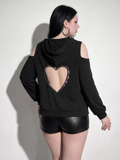 SHEIN ICON Plus Size Heart Cut Out Cold Shoulder Sweatshirt For Women,Black Autumn Kawaii Night Out Club Outfits,Teacher Graduation,Back To School Winter Fall