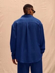 Musero 大尺寸長袖亞麻襯衫 春夏度假復活節專用 - 寶藍色 - 查看 3