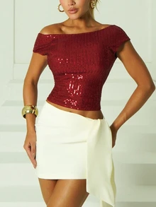 Sandy Gomes Women's Fashionable Sequin Decorated Backless Short T-Shirt, Summer Christmas Luxury Red New Year Glitter Valentine's Day Party Shiny - Red - View 4