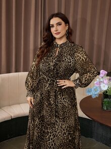Modelyn Elegant Chiffon Leopard Print Stand Collar Long Sleeve Cinched Waist A-Line Regular Fit Plus Size Dress For Spring And Autumn - Multicolor - View 5