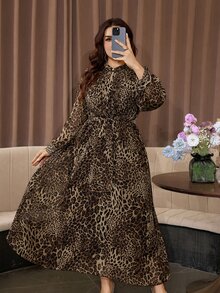 Modelyn Elegant Chiffon Leopard Print Stand Collar Long Sleeve Cinched Waist A-Line Regular Fit Plus Size Dress For Spring And Autumn - Multicolor - View 3