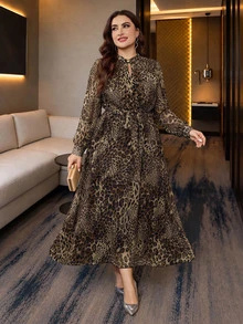 Modelyn Elegant Chiffon Leopard Print Stand Collar Long Sleeve Cinched Waist A-Line Regular Fit Plus Size Dress For Spring And Autumn - Multicolor - View 1
