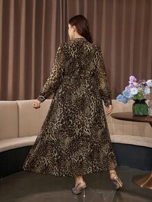 Modelyn Elegant Chiffon Leopard Print Stand Collar Long Sleeve Cinched Waist A-Line Regular Fit Plus Size Dress For Spring And Autumn - Multicolor - View 2