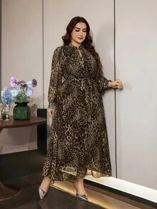 Modelyn Elegant Chiffon Leopard Print Stand Collar Long Sleeve Cinched Waist A-Line Regular Fit Plus Size Dress For Spring And Autumn - Multicolor - View 6