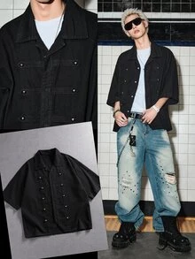ROMWE MEN Essentials Men's Casual Versatile Daily Travel Denim Jacket With Turn-Down Collar - Black - View 10