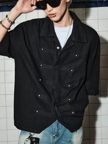 ROMWE MEN Essentials Men's Casual Versatile Daily Travel Denim Jacket With Turn-Down Collar - Black - View 1