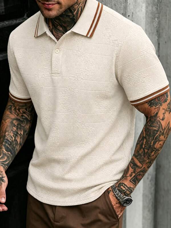 EGENSIO Men's Knitted Jacquard Solid Color Textured Collar & Cuffs Ribbed 2-Button Apricot Polo Shirt