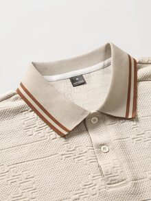EGENSIO Men's Knitted Jacquard Solid Color Textured Collar & Cuffs Ribbed 2-Button Apricot Polo Shirt - Apricot - View 7