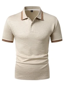 EGENSIO Men's Knitted Jacquard Solid Color Textured Collar & Cuffs Ribbed 2-Button Apricot Polo Shirt - Apricot - View 5