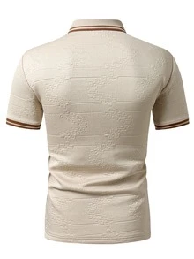 EGENSIO Men's Knitted Jacquard Solid Color Textured Collar & Cuffs Ribbed 2-Button Apricot Polo Shirt - Apricot - View 2