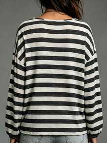 LUMIGAL Women's Striped Single-Breasted Dropped Shoulder Long Sleeve Casual Loose Fit Shirt - Apricot - View 2