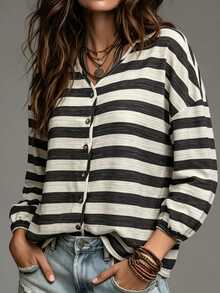 LUMIGAL Women's Striped Single-Breasted Dropped Shoulder Long Sleeve Casual Loose Fit Shirt - Apricot - View 6