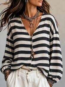 LUMIGAL Women's Striped Single-Breasted Dropped Shoulder Long Sleeve Casual Loose Fit Shirt - Apricot - View 1