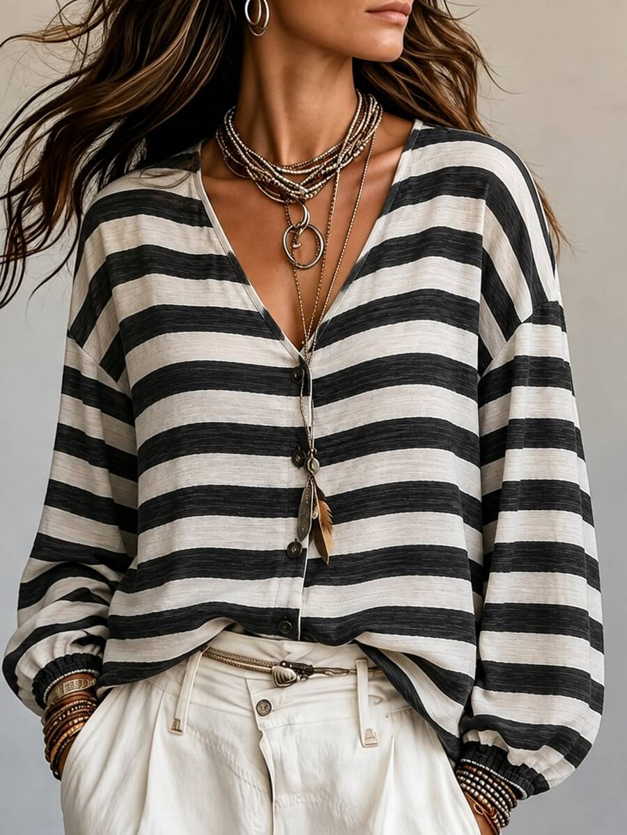 LUMIGAL Women's Striped Single-Breasted Dropped Shoulder Long Sleeve Casual Loose Fit Shirt - Apricot - View 1