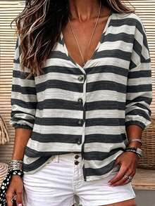 LUMIGAL Women's Striped Single-Breasted Dropped Shoulder Long Sleeve Casual Loose Fit Shirt - Apricot - View 3