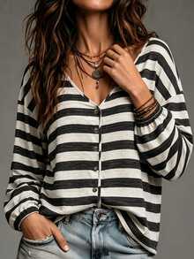LUMIGAL Women's Striped Single-Breasted Dropped Shoulder Long Sleeve Casual Loose Fit Shirt - Apricot - View 5