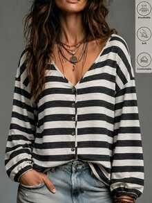 LUMIGAL Women's Striped Single-Breasted Dropped Shoulder Long Sleeve Casual Loose Fit Shirt - Apricot - View 4
