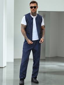 Manfinity Homme Men's Autumn Casual Striped Vest And Long Pants Set - Navy Blue - View 5