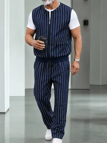 Manfinity Homme Men's Autumn Casual Striped Vest And Long Pants Set - Navy Blue - View 1