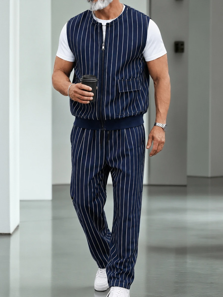 Manfinity Homme Men's Autumn Casual Striped Vest And Long Pants Set - Navy Blue - View 1