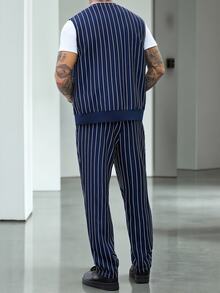 Manfinity Homme Men's Autumn Casual Striped Vest And Long Pants Set - Navy Blue - View 2