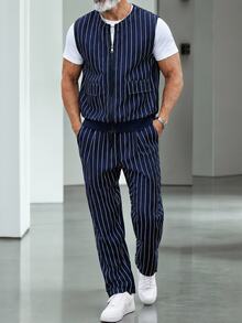Manfinity Homme Men's Autumn Casual Striped Vest And Long Pants Set - Navy Blue - View 3
