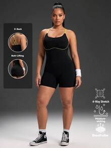 Powerista Women's Plus Size Backless Halter Neck Fitted Sports Romper - Black - View 1