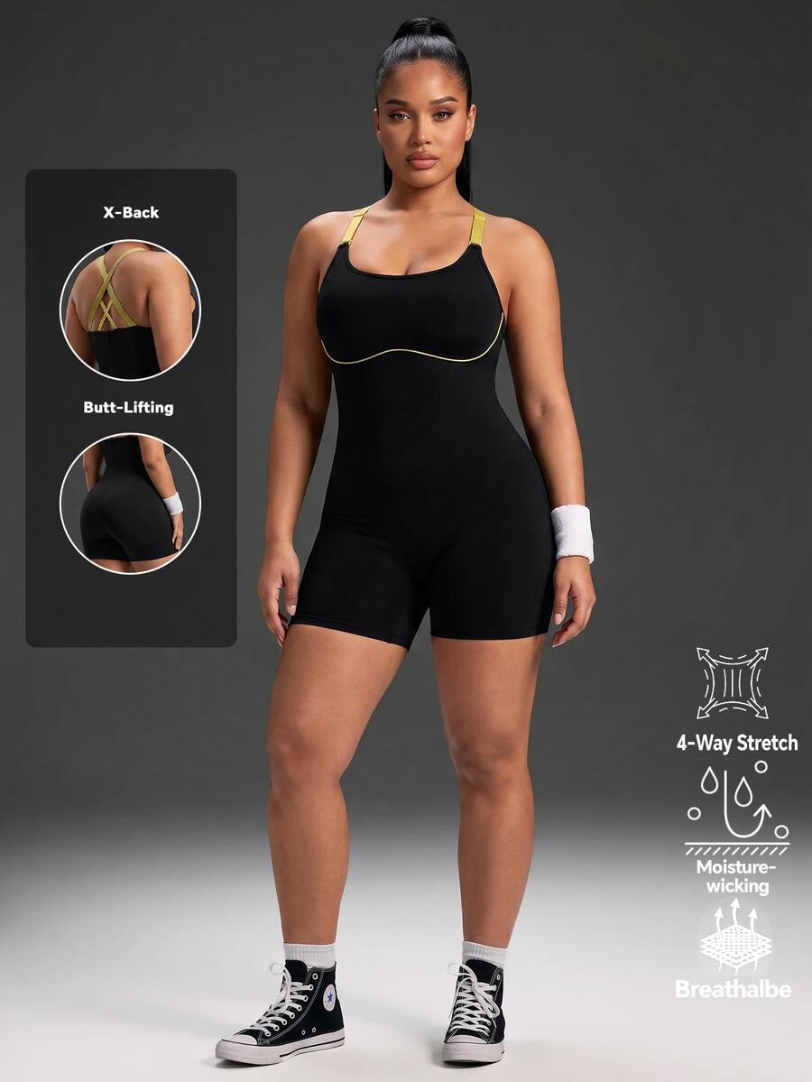 Powerista Women's Plus Size Backless Halter Neck Fitted Sports Romper - Black - View 1