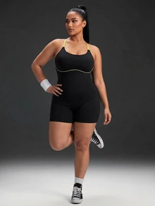 Powerista Women's Plus Size Backless Halter Neck Fitted Sports Romper - Black - View 7