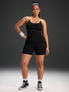 Powerista Women's Plus Size Backless Halter Neck Fitted Sports Romper - Black - View 5
